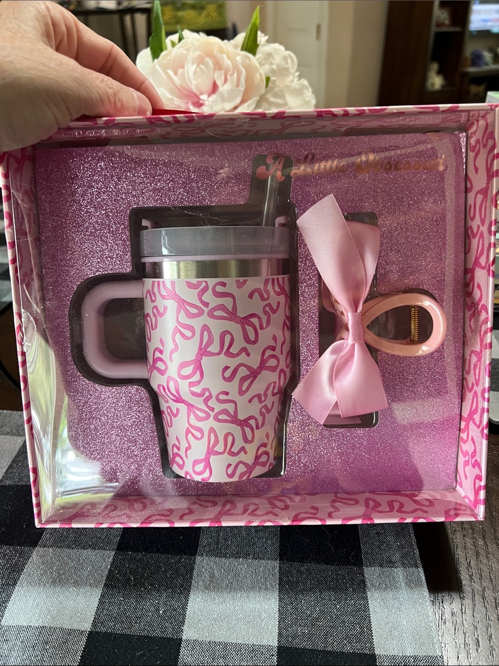 New A LITTLE OBSESSED Pink Ribbon clip Pattern Insulated Travel Mug Gift Set